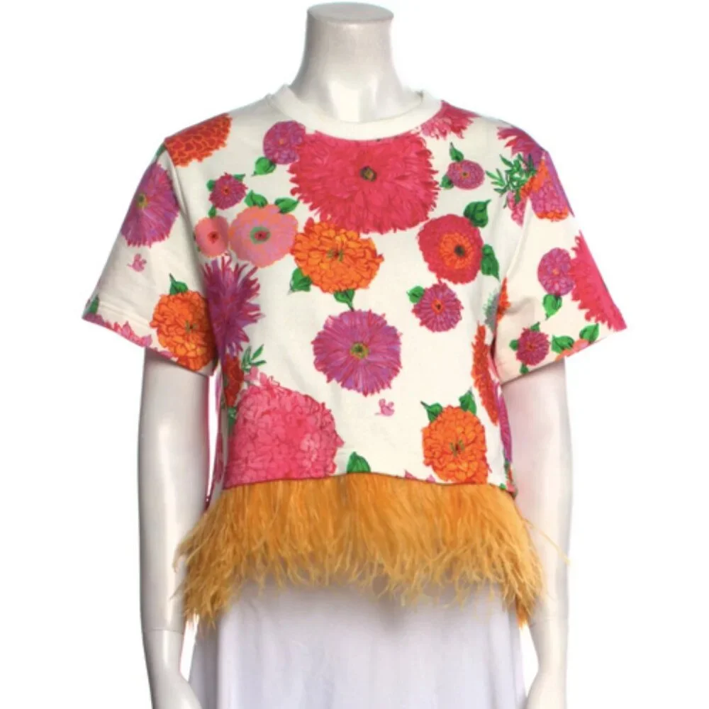 La DoubleJ La Scala Tee Floral Cotton Feather Trim Blouse Crew Neck Size Small - Picture 1 of 7